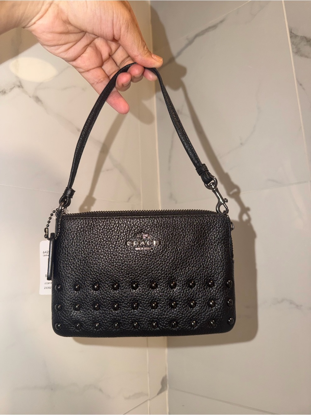 Coach Black Pebbled Leather Studded Mini Wristlet brand new